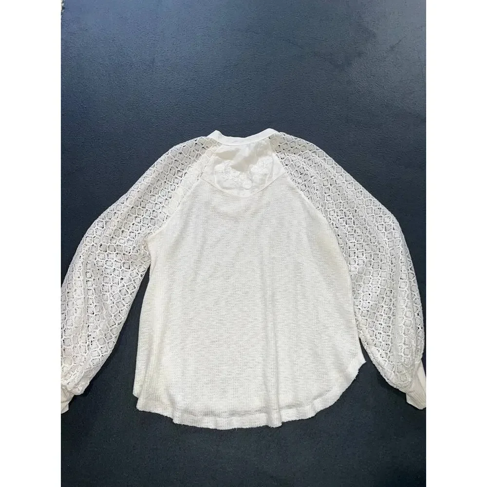 Free People embroidered Y2K Long Sleeve Blouse Mock Neck Ivory Large A010225